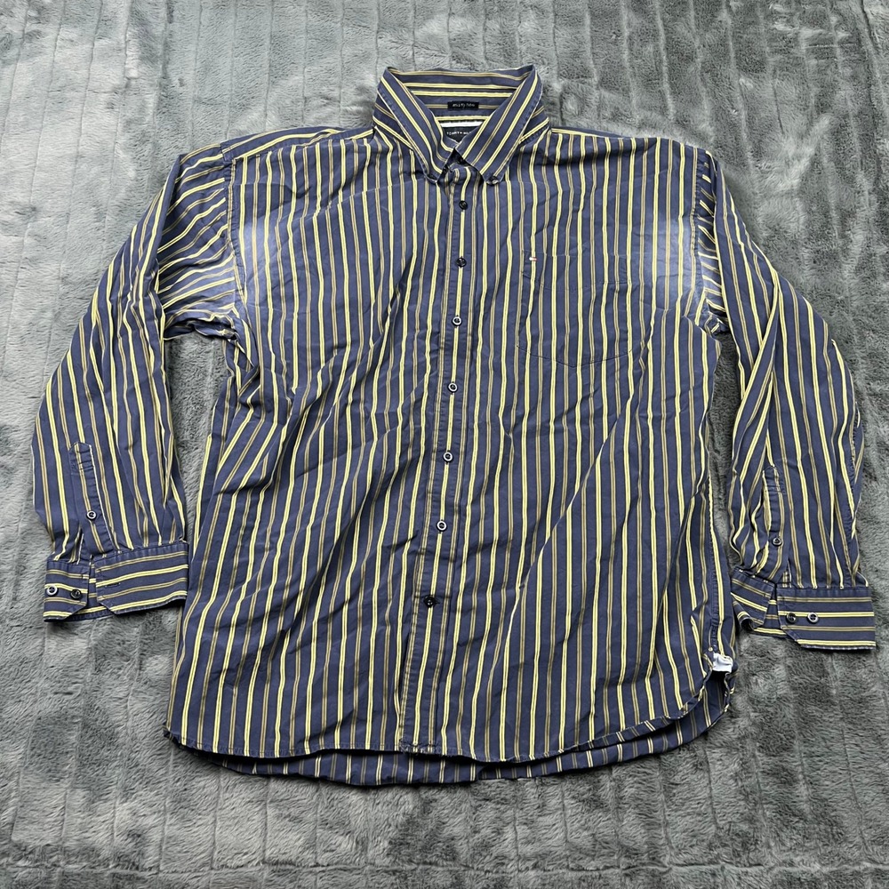 Tommy Hilfiger Mens XXL Striped Button Down Shirt Navy Yellow 80s 2 Ply Cotton